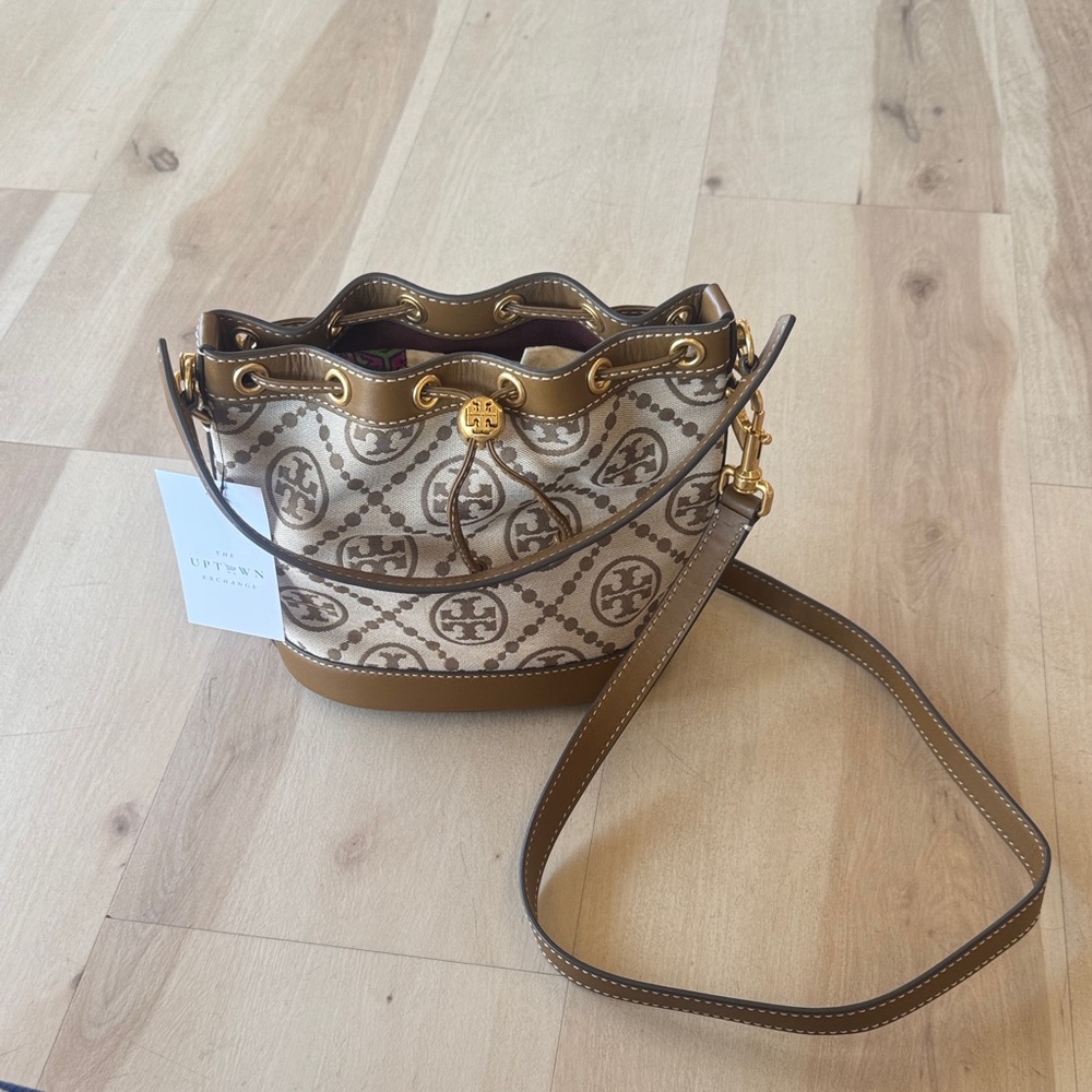Tory Burch Brown & Beige Logo Drawstring Bucket Crossbody